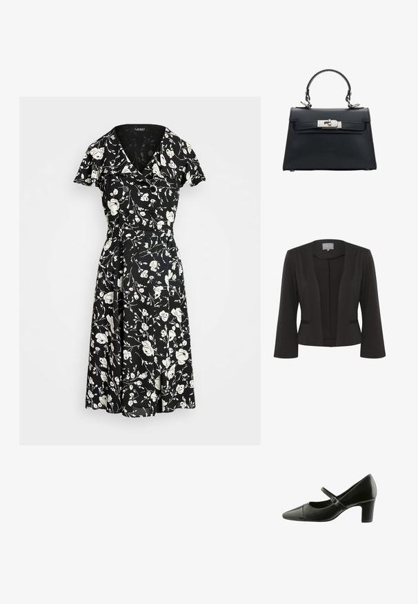 Schwarzer Blazer aus glattem Stoff, mit offener Vorderseite, 3/4-Ärmeln, zwei vorderen Taschen und subtiler strukturierter Ausgestaltung entlang der Kanten.; Schwarzes Kleid mit weißem Blumenmuster, kurzen Ärmeln, V-Ausschnitt und Knopf-Details. Ausgestellter Rock für einen fließenden Sitz. Material scheint leicht zu sein.; Schwarzer Lackleder-Mary-Jane-Schuh mit spitzem Zehenbereich, strukturiertem Schaft, verstellbarem Riemen mit Schnalle und moderatem Blockabsatz.; Schwarze, strukturierte Lederhandtasche mit Tragegriff oben, silbernem Metall-Drehverschluss und strukturierter Trapezform auf weißem Hintergrund.