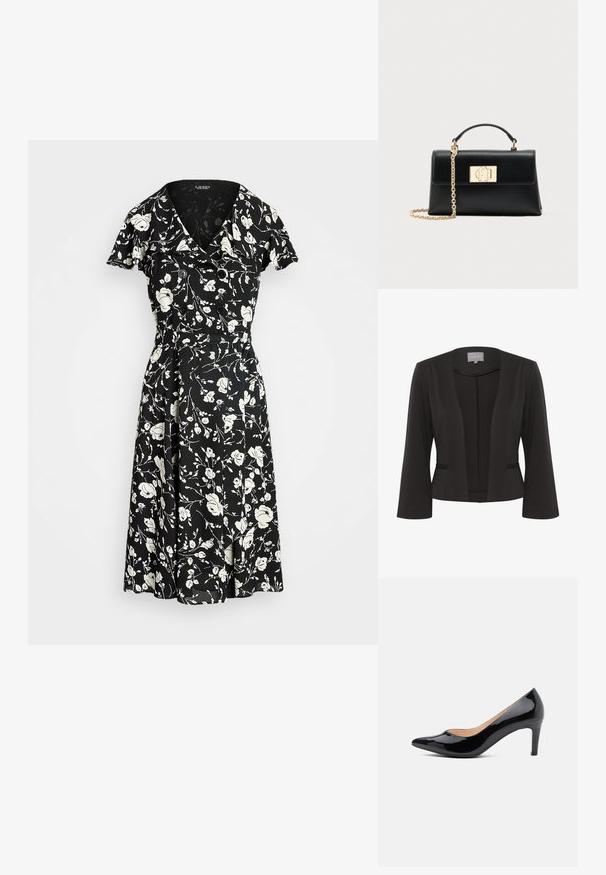 Schwarzer Blazer aus glattem Stoff, mit offener Vorderseite, 3/4-Ärmeln, zwei vorderen Taschen und subtiler strukturierter Ausgestaltung entlang der Kanten.; Schwarzes Kleid mit weißem Blumenmuster, kurzen Ärmeln, V-Ausschnitt und Knopf-Details. Ausgestellter Rock für einen fließenden Sitz. Material scheint leicht zu sein.; Schwarze Lackleder-Pumps mit hochhackigem, spitzem Zehenbereich, glatter Oberfläche und 7,5 cm Stiletto-Absatz. Minimalistisches Design ohne Verzierungen.; Schwarze Lederhandtasche mit einer strukturierten Form, die einen oberen Griff und einen goldfarbenen Kettenriemen besitzt. Dekorative goldene Beschläge mit Logodetail.