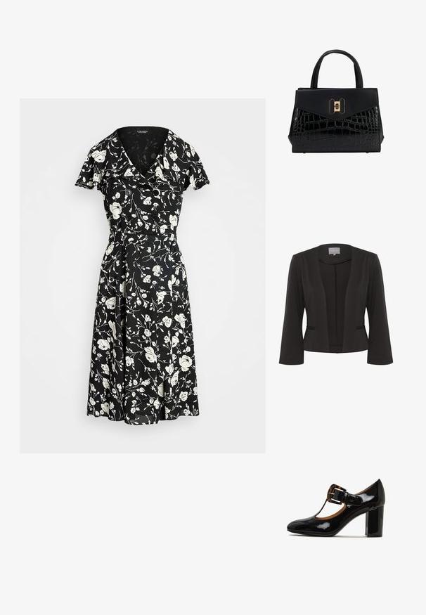 Blazer noir en tissu lisse, à l'avant ouvert, avec des manches 3/4, deux poches frontales et des détails texturés subtils le long des bords.; Robe noire avec motif floral blanc, manches courtes, décolleté en V et accents de boutons. Jupe évasée pour un ajustement fluide. Le matériau semble léger.; Chaussure à talon haut en cuir verni noir avec un bout rond, un design à lanière T, et un accent de boucle en écaille sur le dessus. Talon large.; Sac à main noir avec un motif crocodile texturé sur la moitié inférieure, un dessus lisse, des poignées courbes et un fermoir doré au centre.