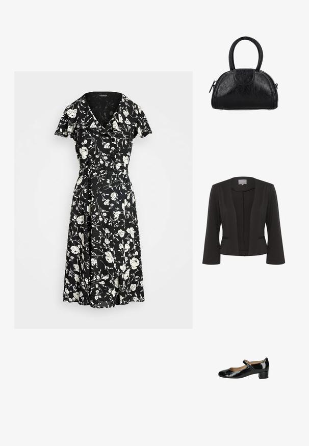 Sort blazer med et glat stof, åben frontdesign, 3/4 ærmer, to frontlommer og subtil tekstureret detaljer langs kanterne.; Sort kjole med hvidt blomstertryk, korte ærmer, V-hals og knapdetaljer. Udflydende skørt for en let og luftigt pasform. Materialet ser let ud.; Sorte patentlæder Mary Jane sko med spids tå, justerbar spænde og lav blokhæl. Glat tekstur med en skinnende finish.; Sort læderhåndtaske med rundet form, dobbelte håndtag, top lynlås og frontklaplomme, stående på en hvid baggrund.