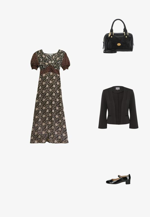 Zwarte blazer van een gladde stof, met een open voorkant, 3/4 mouwen, twee zakken aan de voorkant en subtiele textuurdetails langs de randen.; Bruine bloemen maxi-jurk met opgeblazen korte mouwen met witte stippen, V-hals en aangesloten taillepaneel.; Zwarte lakleren Mary Jane-schoen met een ronde neus, verstelbare gespsluiting en een lage blokhak. Glad textuur met een glanzende afwerking.; The Bridge STODO - Handtas - nero abb oro