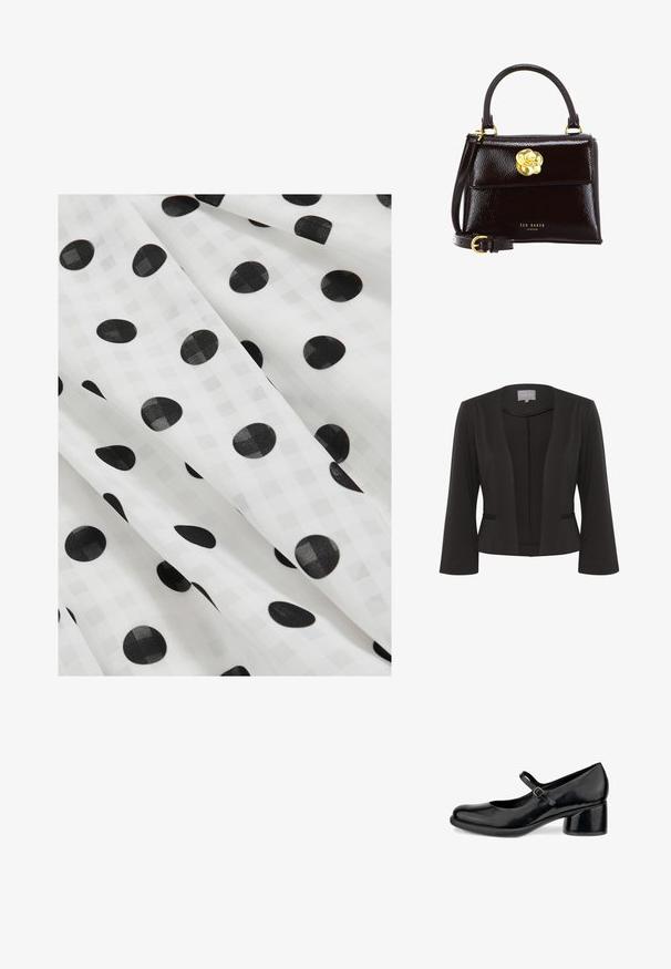 Sort blazer med et glat stof, åben frontdesign, 3/4 ærmer, to frontlommer og subtil tekstureret detaljer langs kanterne.; Hvidt stof med flydende folder, der har en subtil ternet tekstur og jævnt fordelt store sorte polkaprikker.; ECCO SCULPTED - Pumps - black; Sort laklæderhåndtaske med struktureret design, der har et buet håndtag, aftagelig rem og en guldfarvet blomsterlåsdetalje.