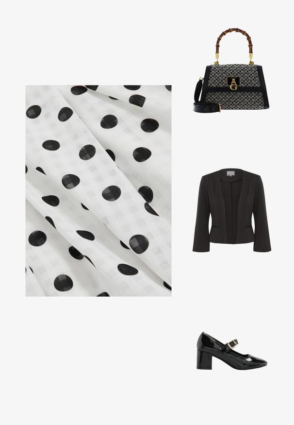 Blazer negro con una tela suave, diseño de frente abierto, mangas de 3/4, dos bolsillos frontales y un sutil detalle texturizado a lo largo de los bordes.; Tela blanca con pliegues fluidos, con una textura sutil de cuadros y grandes lunares negros espaciados uniformemente.; Zapato Mary Jane de cuero charol negro con tacón bajo de bloque y correa con hebilla dorada sobre fondo blanco.; Bolso de mano con un diseño en blanco y negro, con un asa de bambú, acentos dorados, ribete de cuero texturizado y correa de hombro desmontable.