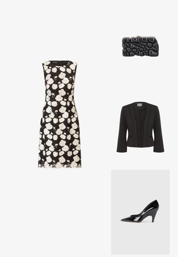 Schwarzer Blazer aus glattem Stoff, mit offener Vorderseite, 3/4-Ärmeln, zwei vorderen Taschen und subtiler strukturierter Ausgestaltung entlang der Kanten.; Ärmelloses schwarzes Kleid mit weißem floralen Spitzenüberzug, floralen Mustern auf dem gesamten Kleid und einem dezenten gewellten Saumdetail. Mit Reißverschluss hinten.; Schwarzer Lackleder-High-Heel-Schuh mit spitz zulaufender Zehenpartie und geschwungenem Absatz, der eine glatte, reflektierende Oberfläche aufweist.; Glänzende schwarze Clutch mit abstrakter, strukturierter Oberfläche und kleinem Metallverschluss oben, vor weißem Hintergrund dargestellt.