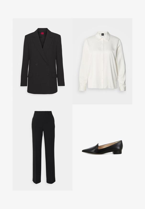 Schwarzer doppelt knöpfbarer Blazer mit Reverskragen, langen Ärmeln, zwei vorderen Taschen und mattem Finish. Verfügt über eine verdeckte Knopfleiste.; Weißes langärmliges Hemd aus glattem Stoff, mit klassischem Kragen, durchgehender Knopfleiste und geknöpften Manschetten, in entspannter Passform.; Schwarze, gerade geschnittene Hosen mit glatter Textur. Verfügt über einen Bund und keine sichtbaren Muster oder Akzente. Klassisches und maßgeschneidertes Design.; Schwarze Lederflats mit spitzem Zehenbereich, niedrigem Blockabsatz und Aussparung an der Innenseite. Glatte Textur mit poliertem Finish.