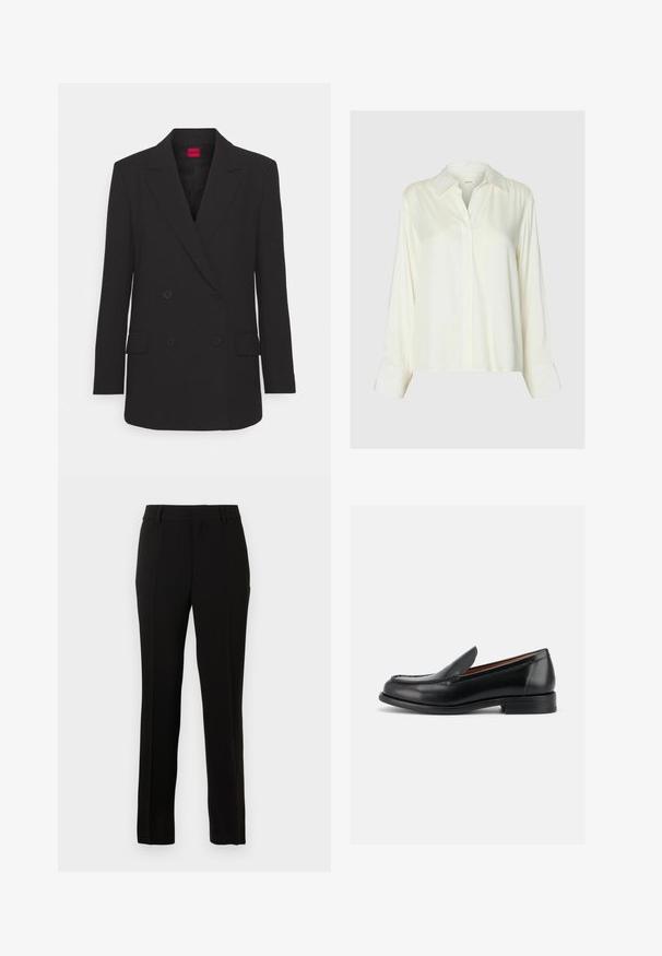 Zwarte double-breasted blazer met notch-lapels, lange mouwen, twee voorzakken en matte afwerking. Voorzien van een verborgen knoopsluiting.; Witte satijnen blouse met lange mouwen, klassieke kraag en verborgen knoopsluiting aan de voorkant, weergegeven op een effen lichtgrijze achtergrond.; Zwarte op maat gemaakte pantalon van een gladde stof, met een rechte snit, plooien, riemlussen en een rits om te sluiten.; Zwarte leren instapschoen met lage hak, ronde neus en mocassinachtige stiksels bovenop, gezien vanaf de buitenkant.