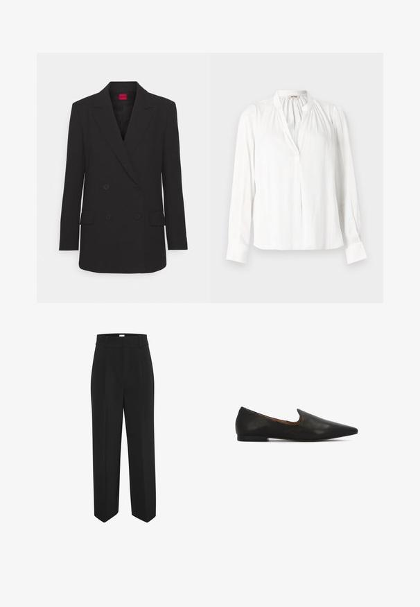 Zwarte double-breasted blazer met notch-lapels, lange mouwen, twee voorzakken en matte afwerking. Voorzien van een verborgen knoopsluiting.; Witte blouse met lange mouwen, een opstaande kraag, geplooide plooien bij de halslijn en een verborgen knoopsluiting aan de voorkant.; Zwarte, op maat gemaakte rechte broek met voorvouwen, riemlussen en een verborgen sluiting aan de voorkant.; Zwarte leren ballerina's met een puntige neus, een lage, getextureerde hak en een strakke uitsnede rond de wreef voor makkelijk aan- en uittrekken.