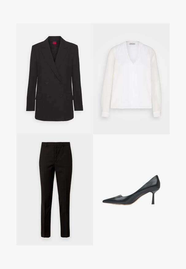 Schwarzer doppelt knöpfbarer Blazer mit Reverskragen, langen Ärmeln, zwei vorderen Taschen und mattem Finish. Verfügt über eine verdeckte Knopfleiste.; Weiße Bluse mit langen Ärmeln und V-Ausschnitt, mit einer glatten Textur und subtilen Nahtdetails vorne, gestaltet für einen lockeren Sitz.; Schwarze maßgeschneiderte Hose mit geradem Bein, aus glattem Stoff, mit flachem Bund und Gürtelschlaufen. Keine sichtbaren Muster oder Akzente.; Schwarzer Lederpump mit spitzer Zehenpartie, tief ausgeschnittenem Vorderteil und schmalem Stiletto-Absatz. Glatte Textur mit polierter Oberfläche.