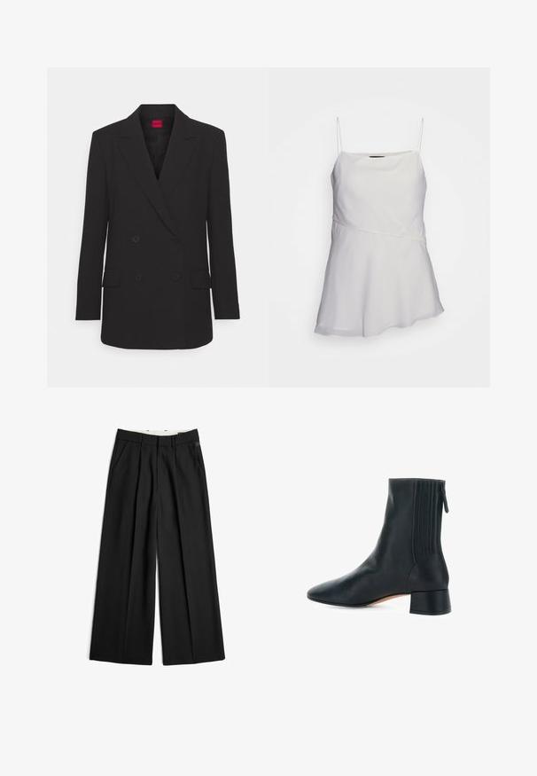 Zwarte double-breasted blazer met notch-lapels, lange mouwen, twee voorzakken en matte afwerking. Voorzien van een verborgen knoopsluiting.; Witte, mouwloze top met dunne banden, een relaxte pasvorm en een asymmetrisch ontwerp. Gemaakt van een zachte, lichte stof.; Zwarte wijde broek met voorplooien, zijzakken, riemlussen en een ritssluiting.; Zwarte leren enkellaars met lage blokhak, zijrits en geribbeld elastisch paneel op een witte achtergrond.