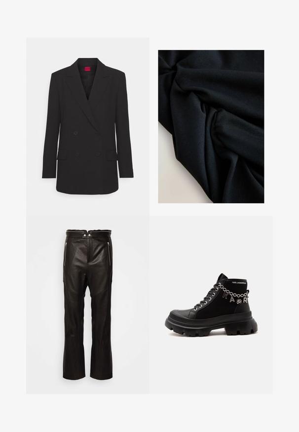 Schwarzer doppelt knöpfbarer Blazer mit Reverskragen, langen Ärmeln, zwei vorderen Taschen und mattem Finish. Verfügt über eine verdeckte Knopfleiste.; Schwarzer Stoff mit sichtbarer Textur und Falten, die weiche Schatten und Lichtreflexe auf einer hellen Oberfläche erzeugen.; rag & bone SEDONA MOTO PANT - Lederhose - black; Schwarzer High-Top-Stiefel mit dicker Sohle, Kettendekoration mit der Aufschrift "KARL," und "KARL LAGERFELD" Branding am Knöchelkragen.