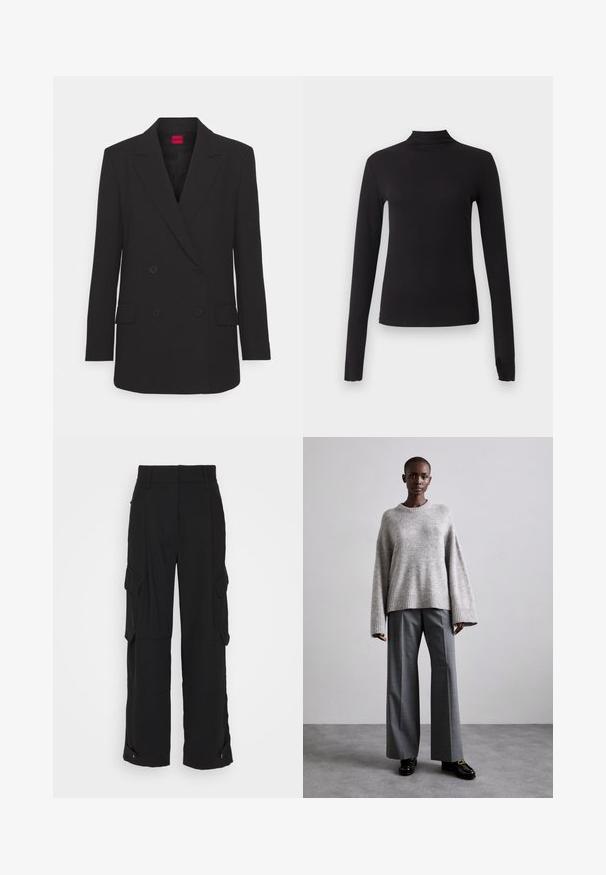Blazer negro de corte cruzado con solapas de muesca, mangas largas, dos bolsillos frontales y acabado mate. Presenta un cierre de botones oculto.; Camiseta negra ajustada de manga larga con cuello alto, mostrada sobre un fondo gris claro liso.; DAY Birger et Mikkelsen LANCE CLASSIC GABARDINE - Pantalones cargo - black; Suéter gris de punto con mangas anchas y dobladillo acanalado, combinado con pantalones grises de cintura alta que presentan un sutil estampado de cuadros y mocasines negros.