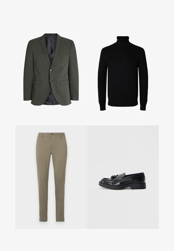 Blazer verde oliva hecho de tejido suave, con cierre de un botón, solapas de muesca y dos bolsillos frontales. Interior forrado.; Jersey negro de cuello alto y manga larga con puños y dobladillo acanalados, mostrado sobre un fondo blanco liso.; Pantalones slim-fit en color caqui, hechos de una tela suave y lisa, con frente plano, pasadores para cinturón y cierre de botón único en la cintura.; Mocasines de cuero negro con un acabado brillante, suela de goma gruesa y detalle decorativo de borlas en la parte delantera.