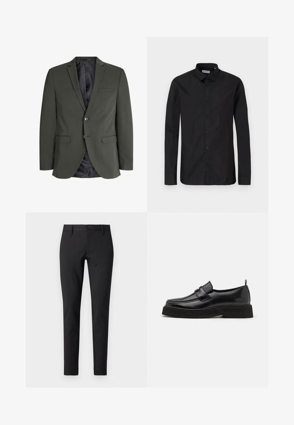 Olijfgroen blazer van gladde stof, met een enkele knoopsluiting, notch revers en twee voorzakken. Gevoerde binnenzijde.; Zwarte lange mouwen overhemd met knopen en een klassieke kraag, gemaakt van een gladde stof, met knopen aan de voorkant en een reguliere pasvorm.; Zwarte broek met streepdessin, met een platte voorkant, slim fit, voorzien van een knoopsluiting en ceintuurlussen, gemaakt van een soepel textielmateriaal.; Zwarte leren instapschoenen in loafer-stijl, met een vlakke, gestructureerde zool, voorzien van een gestikte neus en een band over de wreef.