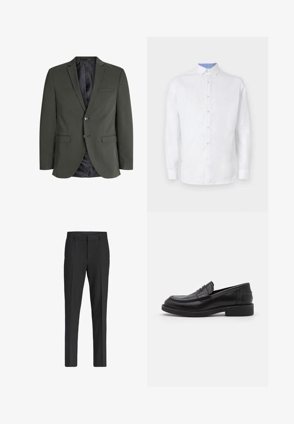Olijfgroen blazer van gladde stof, met een enkele knoopsluiting, notch revers en twee voorzakken. Gevoerde binnenzijde.; Witte blouse met lange mouwen en knoopsluiting, voorzien van een lichtblauw geruit patroon aan de binnenkant van de kraag en manchetten. Glad textuur van de stof.; Zwarte, op maat gemaakte nette broek met een rechte pijp, riemlussen, vouw aan de voorkant en zijzakken, getoond tegen een effen witte achtergrond.; Zwarte leren loafers met een ronde neus, ton-sur-ton stiksels en een banddetail aan de voorkant. Rubberen zool met een lage hak.