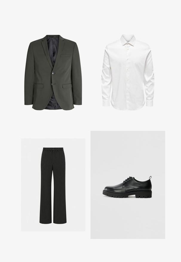 Blazer verde oliva hecho de tejido suave, con cierre de un botón, solapas de muesca y dos bolsillos frontales. Interior forrado.; Camisa de vestir blanca para hombre de manga larga con cuello puntiagudo y fila frontal de botones blancos sobre un fondo liso.; Pantalones negros de pierna ancha con rayas verticales blancas, botón y trabillas para cinturón en la cintura.; Zapato de cuero negro con punta redonda, que presenta un diseño de cordones, suela negra de goma resistente y una pequeña lengüeta en el talón.