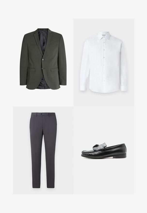 Olijfgroen blazer van gladde stof, met een enkele knoopsluiting, notch revers en twee voorzakken. Gevoerde binnenzijde.; Witte lange mouwen shirt met een klassieke kraag, knopenlijst aan de voorkant en een ronde zoom. Gemaakt van gladde katoenstof zonder patronen.; Grijze broek gemaakt van gladde stof, met een rechte pasvorm, knoopsluiting, riemlussen en zijzakken. Eenvoudig en functioneel ontwerp.; Zwarte leren loafer met een kwastdetail, lage hak en ronde neus, zijaanzicht op een effen lichte achtergrond.