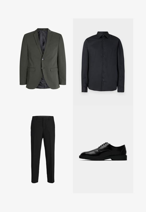 Blazer verde oliva hecho de tejido suave, con cierre de un botón, solapas de muesca y dos bolsillos frontales. Interior forrado.; Camisa negra de manga larga con diseño ajustado, botones delanteros, cuello clásico y textura suave; cuenta con siete botones oscuros.; Pantalones negros de tela suave, con corte recto, lazos para cinturón y un diseño de frente plano sin patrones ni adornos visibles.; Zapato de vestir de cuero negro con un acabado liso, puntera redondeada, diseño de cordones y suela de goma discreta para mayor tracción.