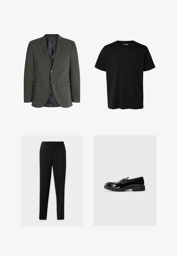 Olijfgroen blazer van gladde stof, met een enkele knoopsluiting, notch revers en twee voorzakken. Gevoerde binnenzijde.; Effen zwarte korte mouwen t-shirt met ronde hals in mannenmodel, zonder zichtbare patronen of logo's aan de voorkant.; Zwarte slim-fit formele broek met riemlussen en een strakke voorkant, getoond tegen een effen lichte achtergrond.; Zwarte gepatineerde leren instappers met een ronde neus, decoratieve band en een chunky rubberen zool met diepe groeven voor extra grip.