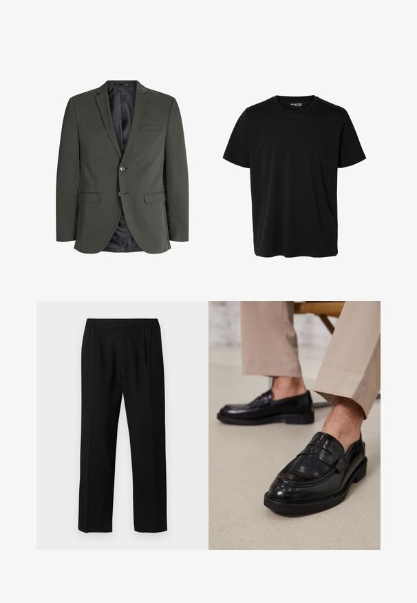 Olijfgroen blazer van gladde stof, met een enkele knoopsluiting, notch revers en twee voorzakken. Gevoerde binnenzijde.; Effen zwarte korte mouwen t-shirt met ronde hals in mannenmodel, zonder zichtbare patronen of logo's aan de voorkant.; Zwarte broeken van een gladde stof, met een elastische tailleband, recht model en twee plooien aan de voorkant voor extra detail.; Zwarte leren loafers met een gladde afwerking, voorzien van een decoratieve band en contrasterende stiksels, gecombineerd met beige broeken.