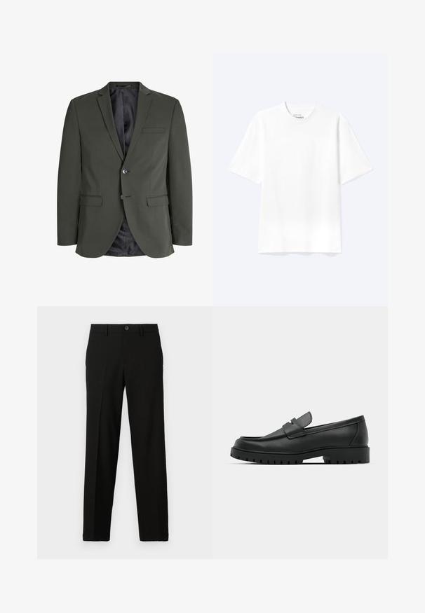 Blazer verde oliva hecho de tejido suave, con cierre de un botón, solapas de muesca y dos bolsillos frontales. Interior forrado.; Camiseta lisa blanca de manga corta y cuello redondo con un corte relajado, mostrada sobre un fondo claro.; Pantalones negros de tejido suave, con un corte recto, cierre de botón en la cintura y sin patrones ni detalles visibles.; Mocasines de cuero negro con punta redonda, que cuentan con un diseño cosido, suela de plataforma baja y una suela de goma texturada y con tacos.