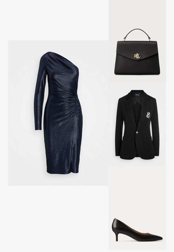 Sort blazer lavet af struktureret stof, med enkelt knaplukning, to forlommer og et broderet logo på venstre bryst.; En-skulder, tætsiddende kjole i mørk marineblå med metallisk glans. Har snoet detaljer ved taljen og en knælang pasform. Glat tekstur.; Sort læderpump med spids tå, lav kitten hæl og glat finish, vist fra siden på en ensartet lys baggrund.; Sort læder håndtaske med en struktureret form, guldhardware-logo foran og en toppahandle. Glat tekstur og design med fold-over låg.