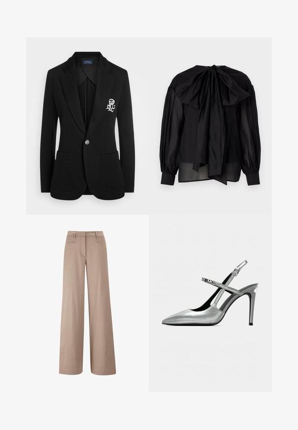 Zwarte blazer van textuurstof, met een enkele knoopsluiting, twee voorzakken en een geborduurd logo op de linkerborst.; Zwarte blouse van doorzichtig materiaal, met pofmouwen en een grote strik op de rug. Heeft een ronde halslijn en aansluitende manchetten.; Beige wijde broek met een gladde textuur, zijzakken en een aansluitende tailleband. Het ontwerp heeft een klassieke snit en strakke lijnen.; Zilveren slingback hoge hakken met een puntige neus, glanzende afwerking en een dunne naaldhak. Decoratieve band met metalen accenten.