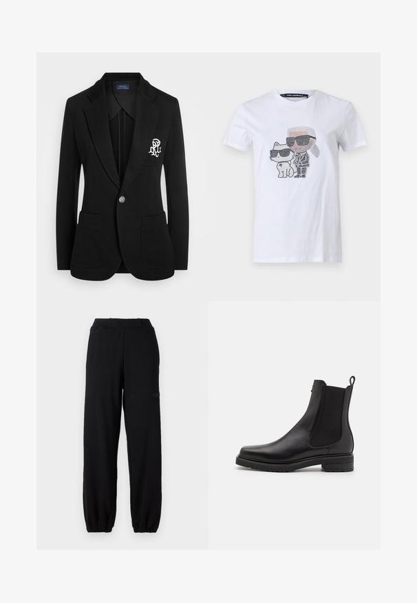 Sort blazer lavet af struktureret stof, med enkelt knaplukning, to forlommer og et broderet logo på venstre bryst.; Hvid bomuld T-shirt med et grafisk design, der viser en karakter og en kat iført solbriller, accentueret med sorte og grå detaljer.; Sorte sweatpants lavet af en bomuldsblanding, med elastisk talje og manchetter ved anklerne. Diskret logo-detalje på siden.; Sort læder ankelstøvle med elastiske sidepaneler, en lav stablet hæl og en pull-tab bagpå. Glat tekstur og strømlinet design.