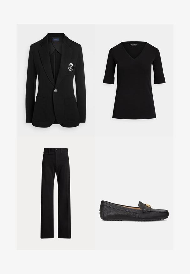 Sort blazer lavet af struktureret stof, med enkelt knaplukning, to forlommer og et broderet logo på venstre bryst.; Sort V-hals T-shirt med trekvartlange ærmer, der har opsmøgede manchetter og en glat stoftekstur. Mærket er "LAUREN."; Sorte bukser med lige ben, bæltestropper, forreste knap og lynlås på hvid baggrund.; Sorte læder loafers med struktureret overflade, hardware i guld tone, flad sål og klassisk design. Velegnet til afslappet brug.