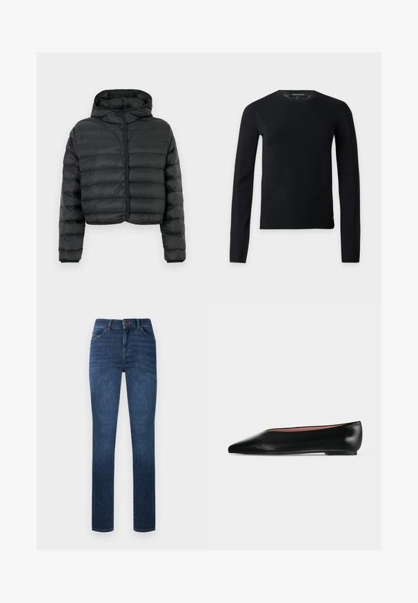 Doudoune noire courte avec matelassage horizontal, fermeture avant à boutons-pression, manches longues, et capuche attachée, sur un fond uni.; Pull noir à manches longues avec col rond, coupe slim et détails subtils de couture, présenté sur un fond clair uni.; Jean skinny bleu foncé taille haute avec fermeture à boutons et zip à l'avant, poches avant et détails subtils délavés.; Chaussure plate en cuir noir pour femme, avec bout pointu et petit talon, vue de côté sur un fond gris clair uni.