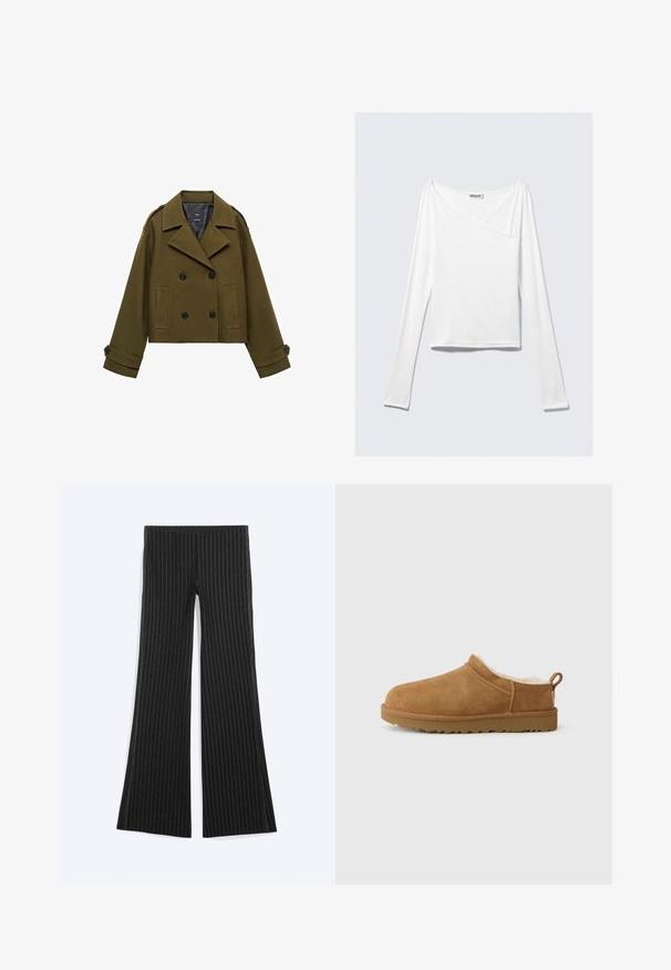 Veste cropped double boutonnage vert olive avec larges revers, poignets à boutons, bretelles et deux poches avant.; Haut blanc à manches longues avec un design croisé et une poche. Fabriqué dans un tissu lisse et extensible. Coupé dans une coupe décontractée et ample.; Pantalon évasé noir à fines rayures posé à plat sur un fond clair, avec des rayures blanches verticales et sans poches ni boutons visibles.; Chaussure mocassin en suède marron avec une douillette doublure en fourrure blanche, semelle plate en caoutchouc, bout arrondi et petite languette au talon.