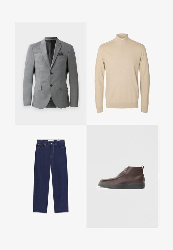 Blazer gris présentant un tissu texturé, un design à un seul bouton, deux poches avant et un col cranté élégant. Comprend un mouchoir de poche.; Pull beige à manches longues avec un col montant et une petite fermeture éclair au centre devant.; Jean denim bleu foncé avec une coupe droite, logo brodé à l'arrière, et surpiqûres contrastantes le long des poches et des coutures.; Bottines en cuir marron avec une surface texturée, un bout arrondi et doux, et une semelle en caoutchouc grise, dotées de deux œillets pour les lacets.