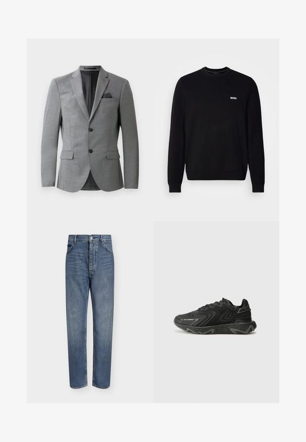 Harmaa bleiseri, jossa on tekstuuripinta, yksirivinen muotoilu, kaksi etutaskua ja tyylikäs lovettu kaulus. Mukana taskuliina.; Mustapaitainen pitkähihaista crewneck-neulepusero, jossa on pieni valkoinen "BOSS"-logo vasemmassa rinnassa, ribbauskät sekä helma, esitettynä valkoisella taustalla.; Suorat siniset farkut, joissa korkea vyötärö, edessä nappikiinnitys ja viiden taskun malli yksinkertaisella vaalealla taustalla.; Mustat lenkkarit, joissa on aaltoa muistuttava pintakuvio ja harmaat yksityiskohdat. Varustettu nauhoitusdesignilla ja paksulla, muotoillulla pohjalla. Brändäys on näkyvissä sivussa.