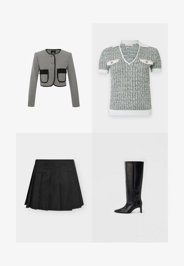 Cropped-Jacke im schwarz-weiß karierten Muster, mit Rundhalsausschnitt, drei Knöpfen und zwei vorderen Taschen mit schwarzem Besatz.; Graues und weißes Strick-Poloshirt mit V-Ausschnitt, kurzen Ärmeln, zwei Taschen, goldenen Akzenten und einem durchgehenden strukturierten Muster.; Schwarzer plissierter Minirock mit breitem Bund, gleichmäßig verteilte Kellerfalten, flach auf hellem grauem Hintergrund präsentiert.; Schwarze kniehohe Stiefel aus glattem Leder, mit spitzer Zehenpartie und schlankem Absatz, ausgestattet mit einem anliegenden Schaft und minimalistischem Design.