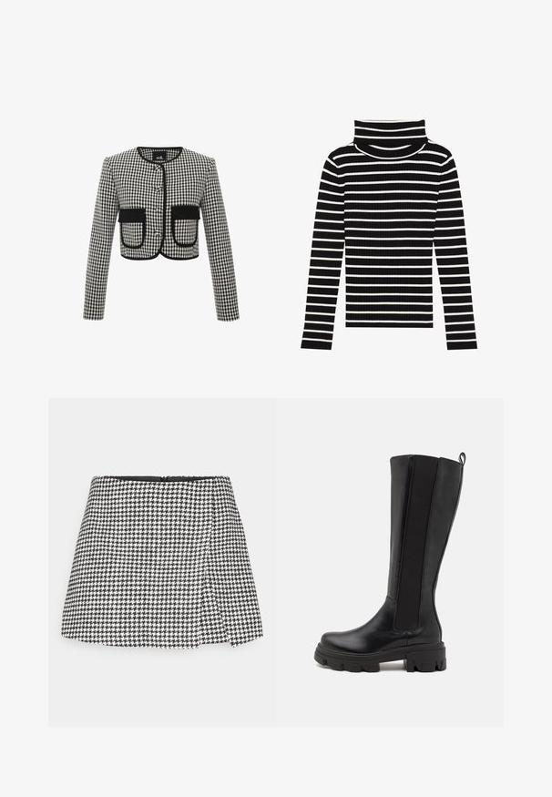 Cropped-Jacke im schwarz-weiß karierten Muster, mit Rundhalsausschnitt, drei Knöpfen und zwei vorderen Taschen mit schwarzem Besatz.; Schwarz-weißer gestreifter Rollkragenpullover, gerippte Textur, taillierte Passform, lange Ärmel, hoher Kragen, gleichmäßige Streifen.; Schwarz-weißes Hahnentrittmuster-Minikleid mit geradem Schnitt, seitlichem Reißverschluss und strukturiertem Stoff. Schlichte schwarze Innenausstattung.; RAID MIRAKLE - Plateaustiefel - black