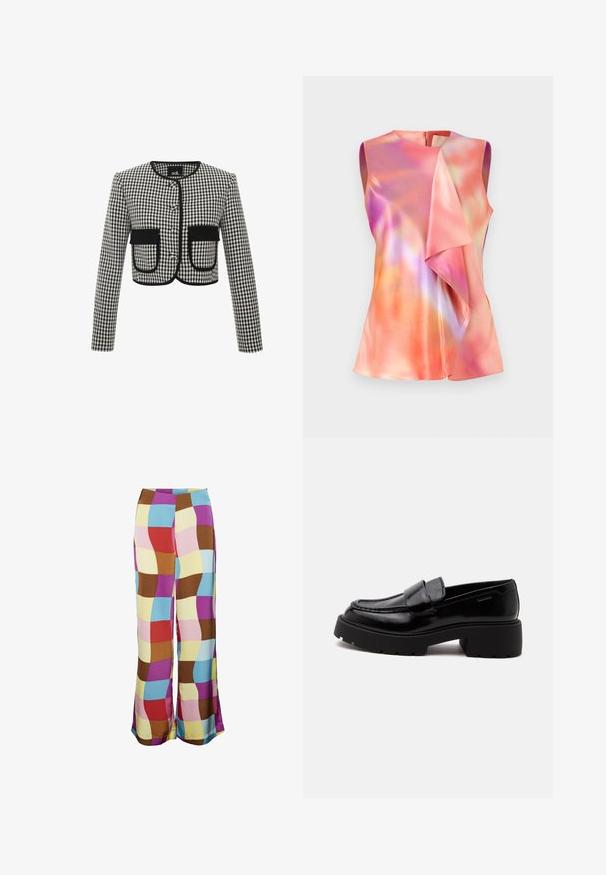 Paneljakke i sort og hvidt gingham mønster, med rund halsudskæring, tre knapper og to frontlommer med sort kant.; Ærmeløs top i satinmateriale, der præsenterer et farverigt abstrakt mønster med nuancer af pink, orange og violet, samt en draperet frontdesign.; SOMETHINGNEW SABRINA PANTS - Bukser - dahlia; Sort blank læderloafer med chunky sål og lav blokhæl, sidesyning og en bred rem over toppen.