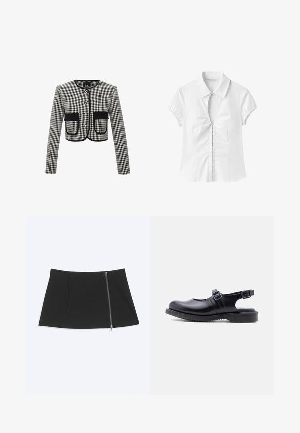 Cropped-Jacke im schwarz-weiß karierten Muster, mit Rundhalsausschnitt, drei Knöpfen und zwei vorderen Taschen mit schwarzem Besatz.; Weiße Bluse mit kurzen Ärmeln und Kragen, vorne geraffte Details und einem teilweise geöffneten Schlüsselloch-Ausschnitt an der Brust.; Schwarzer Minirock mit einem silbernen Reißverschluss, der diagonal an der rechten Seite verläuft, glatter Stoff, leicht ausgestellter Saum.; Schwarzer Lederschuh im Mary-Jane-Stil mit zwei verstellbaren Schnallenriemen und einer dicken, profilierten Gummisohle.