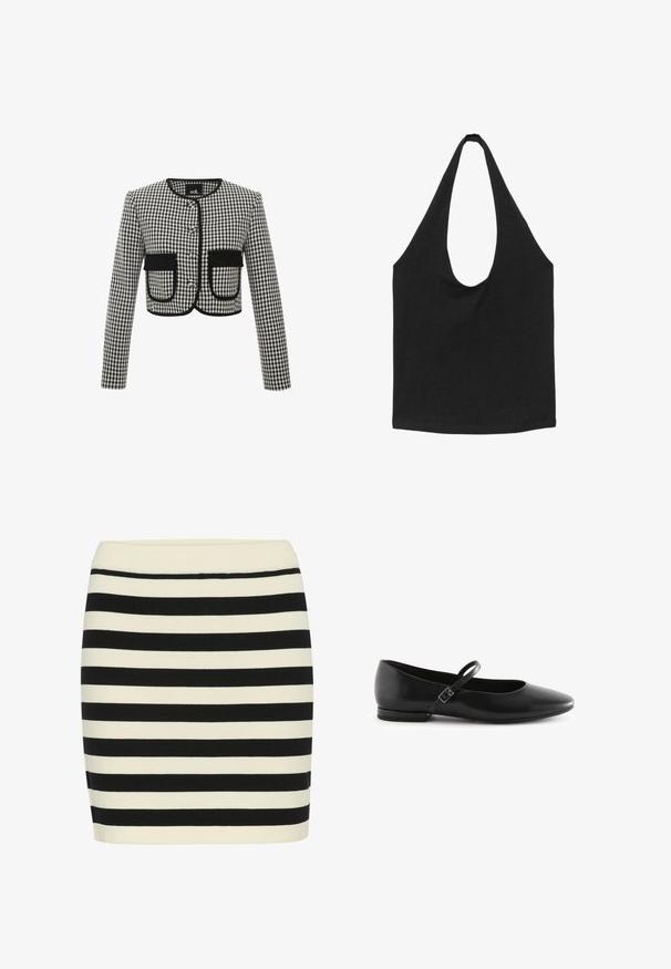 Cropped-Jacke im schwarz-weiß karierten Muster, mit Rundhalsausschnitt, drei Knöpfen und zwei vorderen Taschen mit schwarzem Besatz.; Schwarze Stofftasche mit breiten, abgerundeten Schulterriemen und offenem Hauptfach, vor weißem Hintergrund dargestellt.; Schwarz- und cremefarbener gestreifter Strickrock, figurnah geschnitten, mit einem gerippten Bund. Horizontale Streifen wechseln in der Breite und sorgen für visuelle Textur.; Schwarze Ballerinas aus Leder mit einer spitzen Zehenpartie, flacher Sohle und einem einzigen Knöchelriemen mit eckiger Schnalle. Glatte Textur überall.