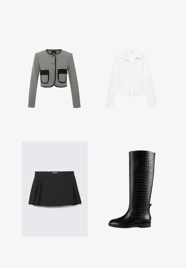 Cropped-Jacke im schwarz-weiß karierten Muster, mit Rundhalsausschnitt, drei Knöpfen und zwei vorderen Taschen mit schwarzem Besatz.; Weißes Langarmhemd mit Kragen, leicht tailliertem Schnitt und geknöpften Manschetten, auf weißem Hintergrund dargestellt.; Schwarzer, plissierter Rock mit einem Nadelstreifenmuster, aus strukturiertem Stoff mit einem Taillenbund, entworfen für eine taillierte Passform.; Hoher schwarzer Stiefel mit Krokodil-Ledertextur, flacher Sohle und abgerundeter Zehenform, seitlich auf einem weißen Hintergrund präsentiert.