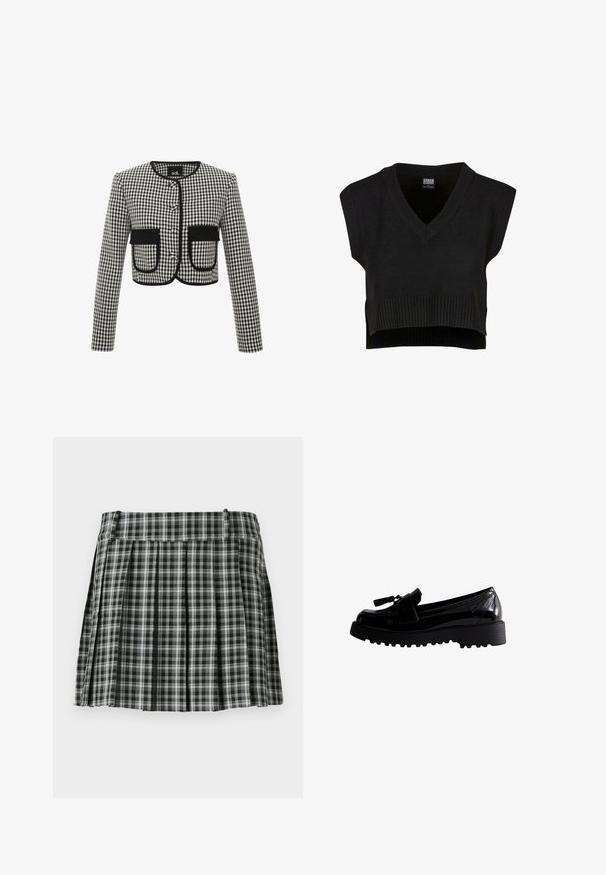 Cropped-Jacke im schwarz-weiß karierten Muster, mit Rundhalsausschnitt, drei Knöpfen und zwei vorderen Taschen mit schwarzem Besatz.; Schwarze, kurze Strickweste mit V-Ausschnitt, kurzen Ärmeln, geripptem Saum und glatter Textur. Etikett mit der Aufschrift "Urban Classics" im Kragen.; Schwarz-weißer karierter, gefalteter Rock mit einem glatten Bund und mehreren vertikalen Falten. Aus leichtem Stoff gefertigt.; Schwarze Lacklederschuhe mit einer klobigen Profilsohle, ausgestattet mit einem dekorativen Quasten und einem eleganten Design, das eine glatte, glänzende Oberfläche zeigt.