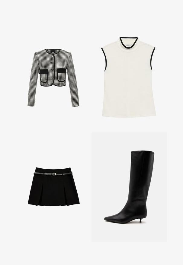 Cropped-Jacke im schwarz-weiß karierten Muster, mit Rundhalsausschnitt, drei Knöpfen und zwei vorderen Taschen mit schwarzem Besatz.; Weißes ärmelloses Oberteil mit hohem Kragen und schwarzem Besatz. Glatte Textur mit einem einfachen Design, das innen ein Etikett aufweist.; Schwarzer plissierter Minirock mit einem schmalen schwarzen Gürtel und einer silbernen rechteckigen Schnalle, dargestellt vor einem weißen Hintergrund.; Schwarzer kniehoher Lederstiefel mit spitz zulaufender Schuhspitze und niedrigem Kittenabsatz vor einem schlichten hellen Hintergrund.