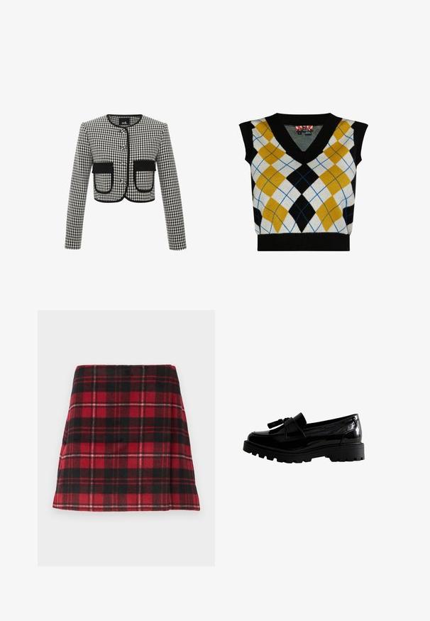 Paneljakke i sort og hvidt gingham mønster, med rund halsudskæring, tre knapper og to frontlommer med sort kant.; Ærmeløs sweater med V-halsdesign, der har et argyle-mønster i gule, sorte, hvide og blå nuancer. Fremstillet af blødt strikmateriale.; Rød og sort ternet mini nederdel, lavet af blødt stof med en flagrende form, der har vandret syninger og en ren kant.; Sorte patenterede lædersko med sløjfe, chunky gummisål og præget detalje på overdelen. Glat tekstur og elegant design.