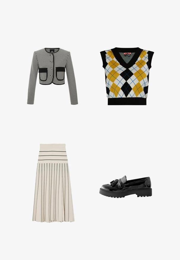 Cropped-Jacke im schwarz-weiß karierten Muster, mit Rundhalsausschnitt, drei Knöpfen und zwei vorderen Taschen mit schwarzem Besatz.; Ärmelloser Pullover im V-Ausschnitt-Design mit einem Argyle-Muster in Gelb, Schwarz, Weiß und Blau. Hergestellt aus weichem Strickmaterial.; Cremefarbener, plissierter Midirock mit schwarzen horizontalen Streifen am Bund und vertikalen schwarzen Streifen am Rockkörper.; Schwarzer Lacklederloafer mit einer niedrigen, klobigen Sohle, Quastendetail und Brogue-artigen Perforationen entlang der Kanten. Glatte, glänzende Oberfläche.