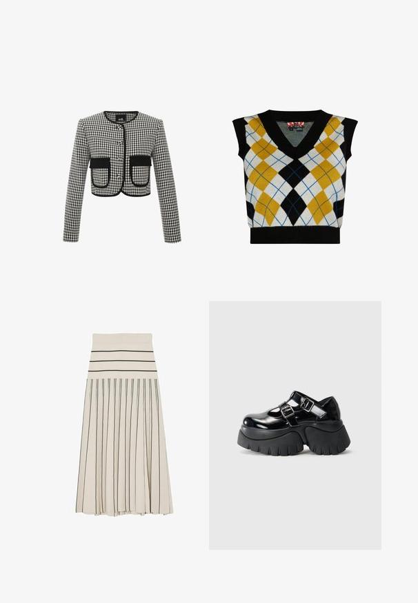 Paneljakke i sort og hvidt gingham mønster, med rund halsudskæring, tre knapper og to frontlommer med sort kant.; Ærmeløs sweater med V-halsdesign, der har et argyle-mønster i gule, sorte, hvide og blå nuancer. Fremstillet af blødt strikmateriale.; Kremfarvet plisseret midinederdel med sorte horisontale striber på taljebåndet og sorte lodrette striber på nederdelens krop.; Sorte patentlæder platform sko med to justerbare spænder, chunky gummisål og udskæringsdesign på den øverste overflade.