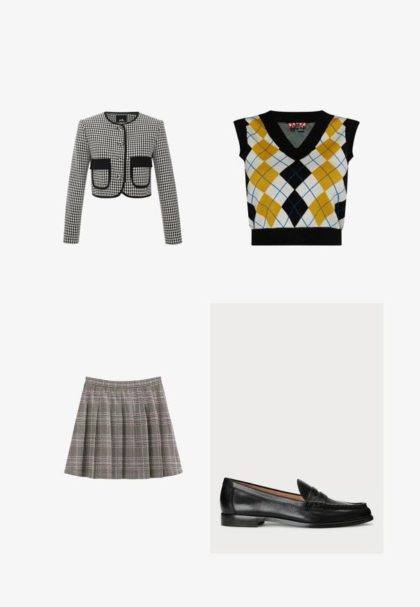 Paneljakke i sort og hvidt gingham mønster, med rund halsudskæring, tre knapper og to frontlommer med sort kant.; Ærmeløs sweater med V-halsdesign, der har et argyle-mønster i gule, sorte, hvide og blå nuancer. Fremstillet af blødt strikmateriale.; Plisseret nederdel i sort, hvid og grå med folder og en tilpasset linning. Ensartet tekstur med et klassisk tartanmønster over hele.; Lauren Ralph Lauren WYNNIE - Loafers - black