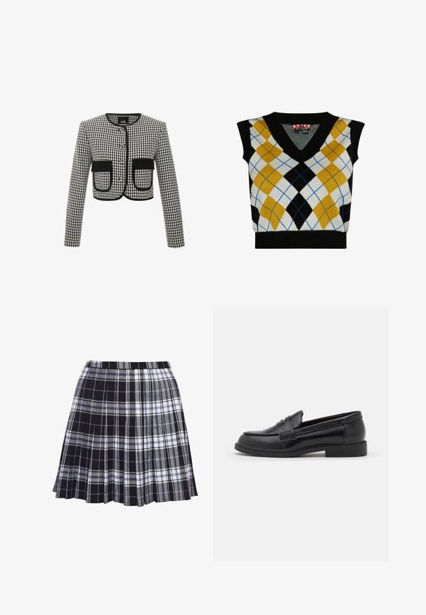 Chaqueta corta en patrón de cuadro vichy en blanco y negro, con un escote redondo, tres botones y dos bolsillos frontales con ribete negro.; Suéter sin mangas con diseño de cuello en V que presenta un patrón de rombos en tonos amarillo, negro, blanco y azul. Fabricado en suave material de punto.; Falda plisada a cuadros en negro y gris con cintura, la textura del tejido es suave, presentando líneas horizontales y verticales de diferentes anchos.; Mocasines de cuero negro con una textura suave, punta redondeada, detalles de costura en la parte superior y una suela de goma baja y plana.