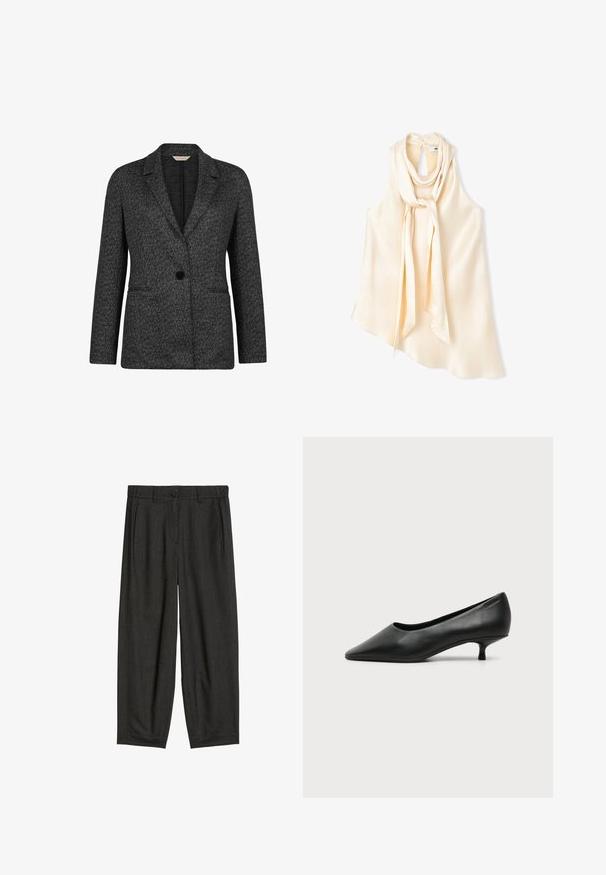 Schwarzer und grauer Fischgräten-Blazer mit Reverskragen, Ein-Knopf-Verschluss und zwei Fronttaschen. Hergestellt aus strukturierter Stoff.; Ärmellose cremefarbene Satinbluse mit angebrachtem langem Schal, locker am Hals gebunden, und asymmetrischem Saum auf weißem Hintergrund.; Dunkelgraue, weit geschnittene Hose mit Frontknopf, Gürtelschlaufen und Seitentaschen, flach auf weißem Hintergrund gezeigt.; Schwarzer Leder-Damenschuh mit niedrigem Absatz, spitzer Schuhspitze und kleinem Kittenabsatz auf schlichtem hellem Hintergrund.