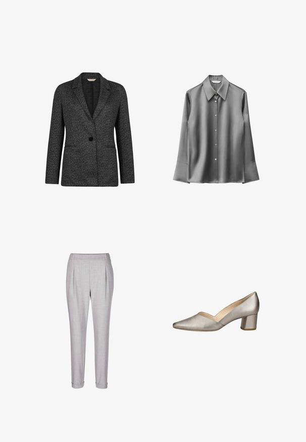 Schwarzer und grauer Fischgräten-Blazer mit Reverskragen, Ein-Knopf-Verschluss und zwei Fronttaschen. Hergestellt aus strukturierter Stoff.; Graues Satinlangarmhemd mit spitzem Kragen, Knopfverschluss und ausgestellten Manschetten. Glatte Textur mit dezentem Glanz.; Grau leichte Hose mit gefaltetem Vorderteil, elastischem Bund und Bündchen am Saum. Der Stoff hat eine subtile Textur.; Damen Metallic Silber Leder Schuh mit niedrigem Blockabsatz, spitzer Spitze und V-förmiger Öffnung an der Seite.