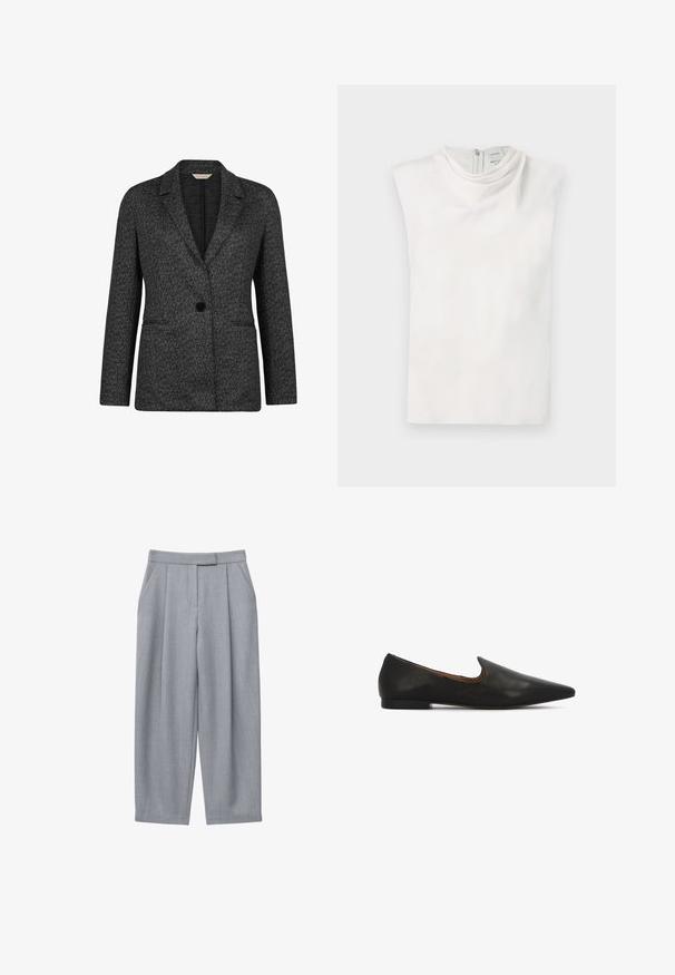 Schwarzer und grauer Fischgräten-Blazer mit Reverskragen, Ein-Knopf-Verschluss und zwei Fronttaschen. Hergestellt aus strukturierter Stoff.; Weißes ärmelloses Oberteil mit Stehkragen und Reißverschluss auf der Rückseite, flach auf weißem Hintergrund dargestellt.; Graue Hosen mit maßgeschneidertem Design, versehen mit Falten, Seitentaschen und geradem Bein. Glatte Textur und Bund mit mittlerer Leibhöhe.; Schwarze Lederflats mit spitzer Zehenpartie, niedrigem strukturiertem Absatz und einer eleganten Aussparung am Spann für leichtes Hineinschlüpfen.