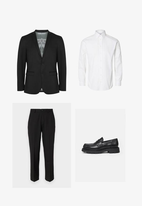 Blazer noir avec une coupe slim, fermeture à un bouton, deux poches frontales et doublure en satin. Tissu lisse et texturé avec un design classique.; Chemise blanche à manches longues avec boutons, col pointu, boutons visibles sur le devant et poignets fermés par des boutons.; Pantalon noir en tissu lisse, présentant une coupe droite, des poches avant, un bouton simple de fermeture et sans motifs visibles.; Mocassin en cuir noir avec semelle épaisse crantée et détail de bride penny, présenté en profil droit sur fond blanc.