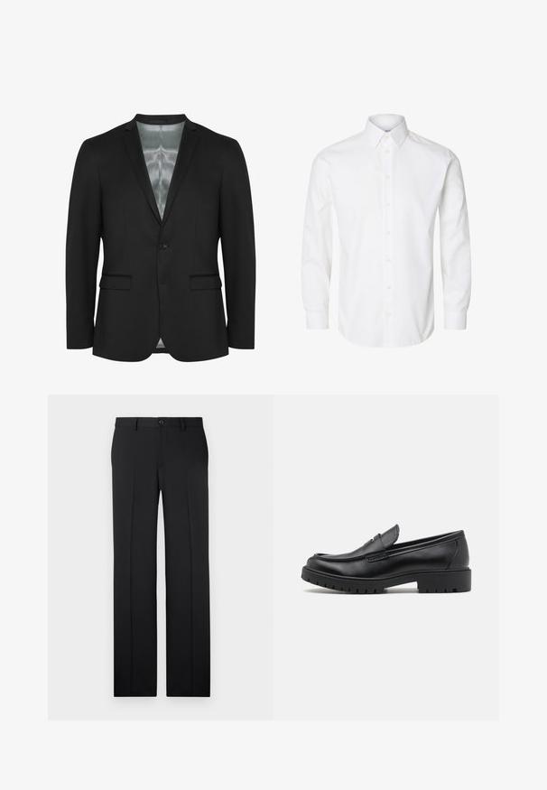 Zwarte blazer met een slim fit, sluiting met één knop, twee voorzakken en satijnen voering. Glad, gestructureerd stof met een klassiek ontwerp.; Wit overhemd met lange mouwen, een puntige kraag, zichtbare knopen vooraan en knoopmanchetten.; Zwarte, op maat gemaakte broek met een rechte pijp, zachte stof, voorvouwen en een enkele knoopsluiting in de taille.; Zwarte leren instappers met een ronde neus, slip-on ontwerp en dikke rubberen zool met een gestructureerde grip. Verhoogde hak en subtiele stikdetails.